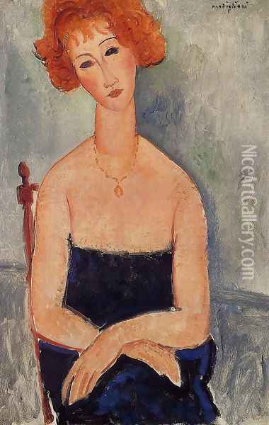 Readhead Wearing a Pendant Oil Painting - Amedeo Modigliani