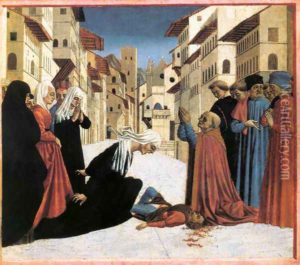 St Zenobius Performs a Miracle (predella 4) c. 1445 Oil Painting - Domenico Veneziano