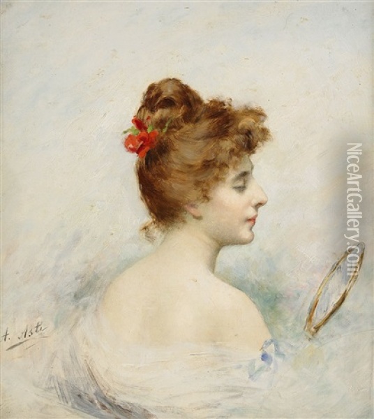 Ung Kvinna Med Spegel Oil Painting - Angelo Asti