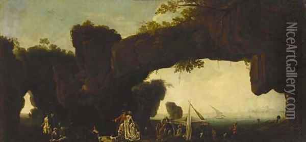 A rocky coastline with an elegant couple promenading before a natural arch and a canopied boat, Constantinople () in the distance Oil Painting - Domenico Marchi (Domenico Tempesta)