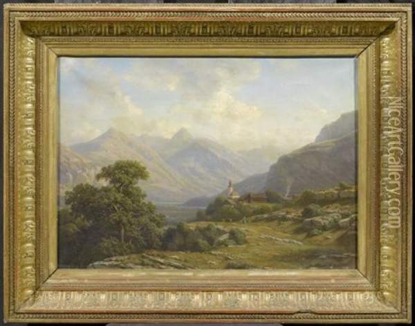 Berglandschaft Mit Aussicht Auf Ein Dorf Oil Painting - Jean Philippe George-Julliard