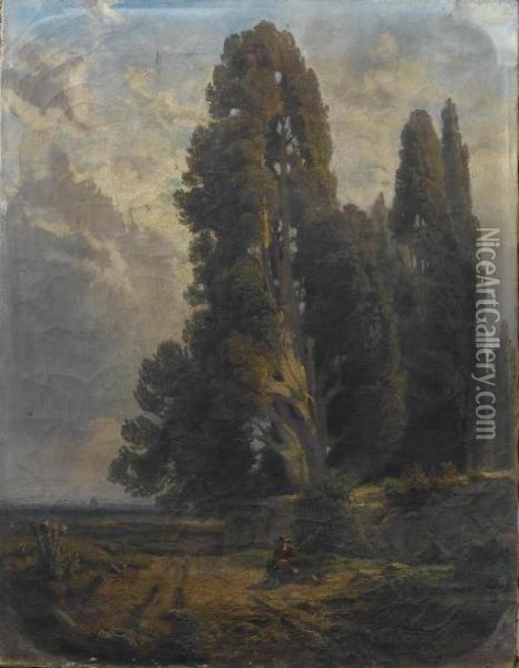 Paesaggio Con Viandante Nei Pressi Di Villa Este A Tivoli Oil Painting - Giovanni Corvini