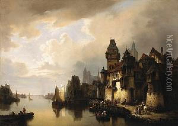 A Town On A Canal With Figures And Boats In The Foreground Oil Painting - Hermann Meyerheim