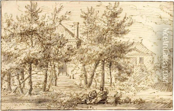 Landscape With Houses Behind Trees And Figures Resting In The Foreground Oil Painting - Jan Gabrielsz. Sonje