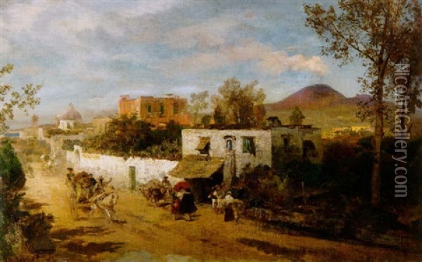 Bauern Auf Einer Landstrase Bei Pompeji Oil Painting - Oswald Achenbach