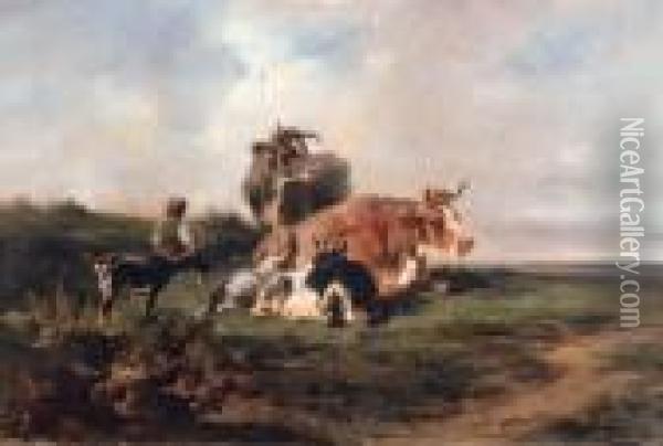 A Young Drover With Cattle And Goats In An Extensivelandscape Oil Painting - Alexandre Dubuisson