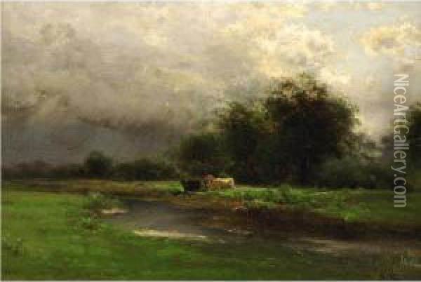 Cows Watering At A Stream Oil Painting - Arthur Parton