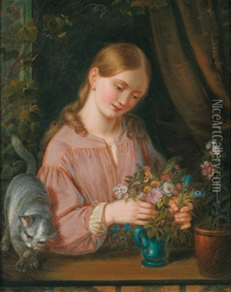 Ein Junges Madchen Mit Blumen Und Einer Katze Am Fenster Oil Painting - Gotthelf Leberecht Glaeser