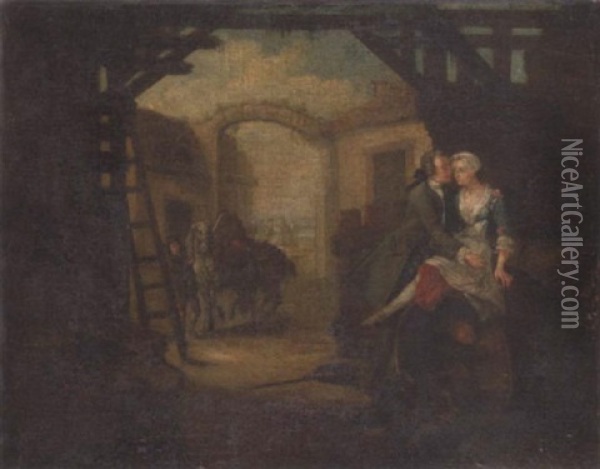 A Couple Courting In A Yard With A Man Spying, A Groom With Two Horses In The Background Oil Painting - Joseph Highmore