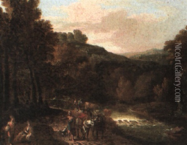 River Landscape With Travellers And Donkeys Oil Painting - Gaspard Dughet