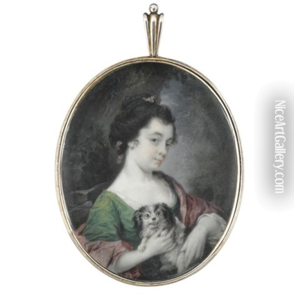 Portrait Of A Lady Holding A Small Dog (kitty Fisher?) Oil Painting - Luke Sullivan
