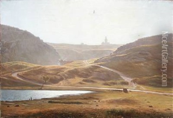 Diset Eftermiddag Ved Hammeren Paa Bornholm (hilly Autumn Landscape From Bornholm) Oil Painting - Johannes Herman Brandt
