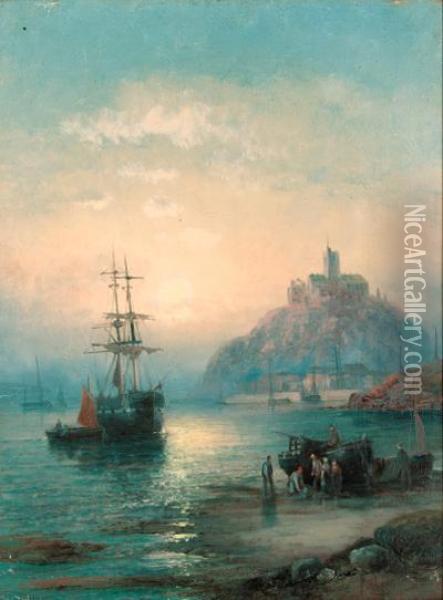 Fishing Boats Off Boulogne; And Mont St. Michel At Dusk Oil Painting - William A. Thornley Or Thornber