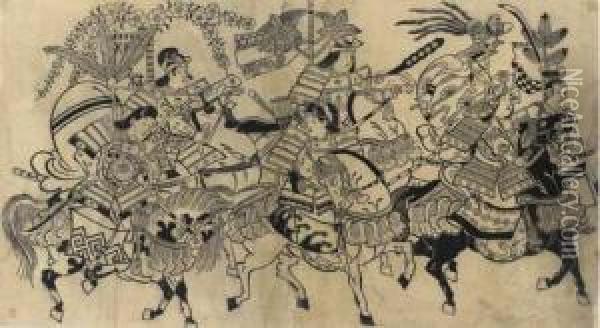 Sumizuri-e Of A Cavalcade Of Five Female Warriors In Festival Oil Painting - Jihei Sugimura