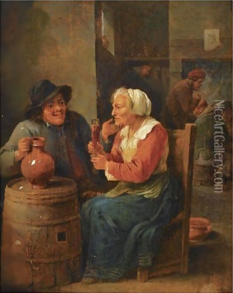 An Interior Scene With A Man And An Elderly Woman Seated Around A Barrel Drinking Oil Painting - David The Younger Teniers