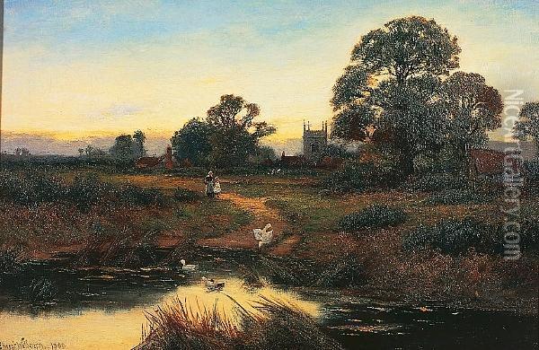 Figures And Ducks By A Village Pond Oil Painting - Ernst Walbourn