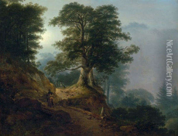 Landschaft Mit Reiter Und Wanderern Auf Einem Waldweg (morgendlandschaft Aus Dem Riesengebirge) Oil Painting - Friedrich Georg Weitsch