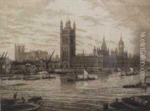 Westminster And The River Thames Oil Painting - Walter William Burgess