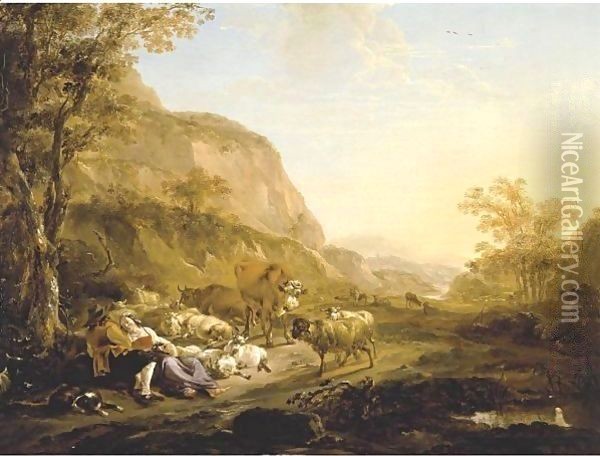 An Evening Landscape With A Couple Resting Below A Tree Surrounded By Cattle, Goats And Sheep Oil Painting - Nicolaes Berchem