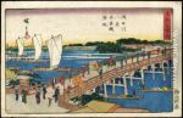 Boats Sailing Back At Azumabridge Oil Painting - Utagawa or Ando Hiroshige