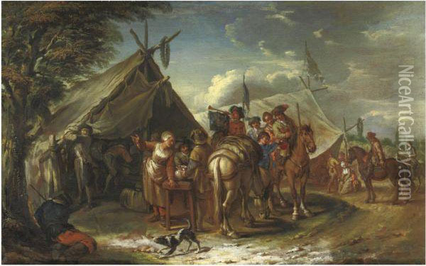 A Military Encampment With A Mounted Trumpeter And Other Horsemenbefore A Sutler's Tent Oil Painting - Pieter van Bloemen