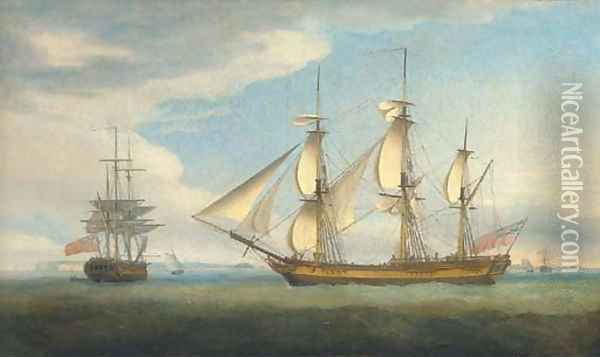 The merchantman Blenheim of London in two positions in the Downs Oil Painting - Thomas Whitcombe