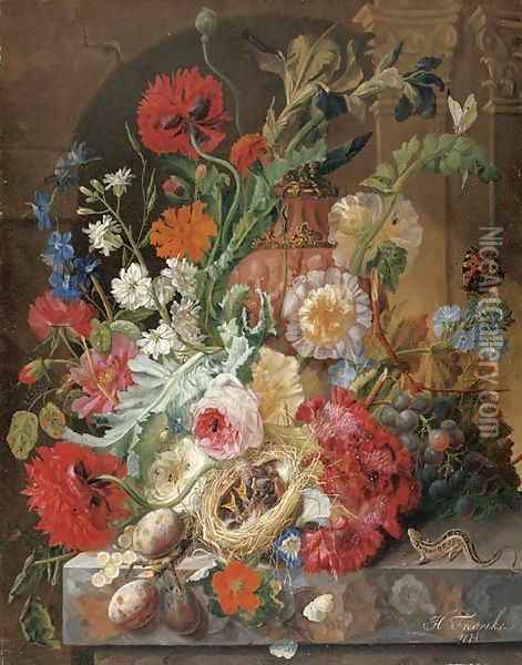 Irises, peonies, roses, and other flowers surrounding a terracotta urn, with a birds' nest, grapes, and plums Oil Painting - Johannes Hendrick Fredriks