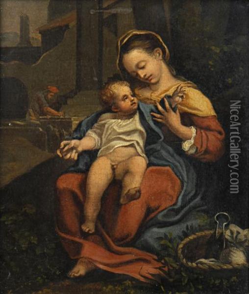 The Madonna And Child, With Saint Joseph In The Background Oil Painting - Correggio, (Antonio Allegri)