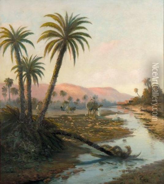 L'arrivee De Chameliers Dans L'oasis Oil Painting - Vincent Manago