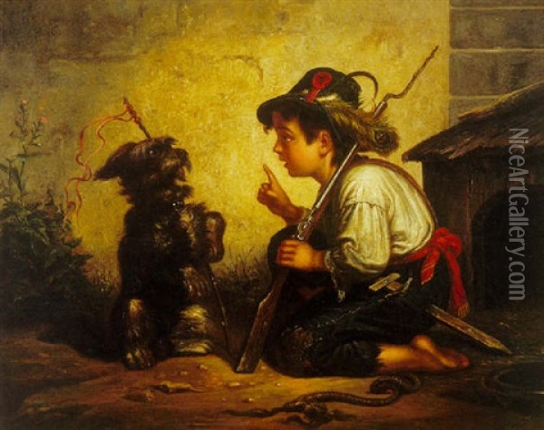 Soldaterkammerater, Lille Dreng Og Hund I Leg Foran Hundehus Oil Painting - Mihaly Munkacsy