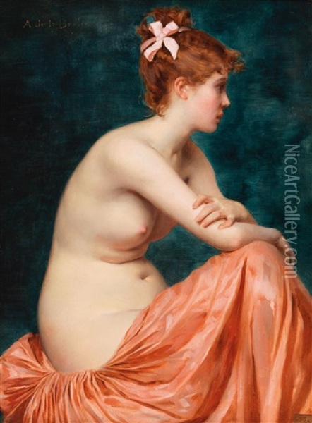 Young Nude Sitting With Ribbon In Her Hair Oil Painting - Auguste de la Brely