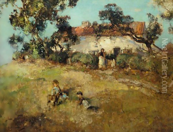 Children Playing Near A Cottage Oil Painting - Edward Arthur Walton