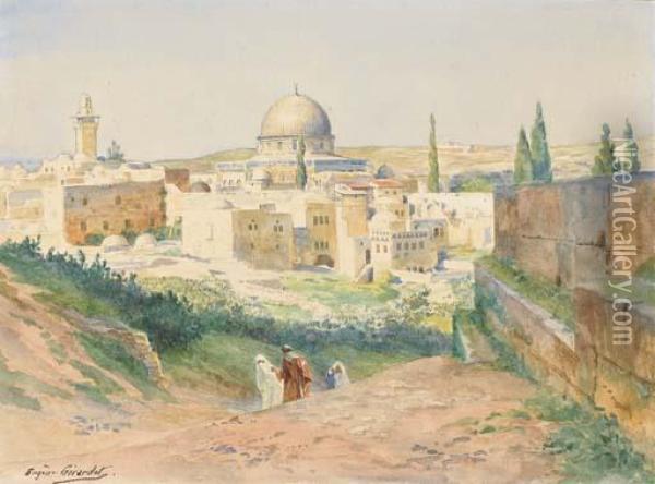 Une Vue De Jerusalem, Des Figures Au Premier Plan Oil Painting - Eugene-Alexis Girardet