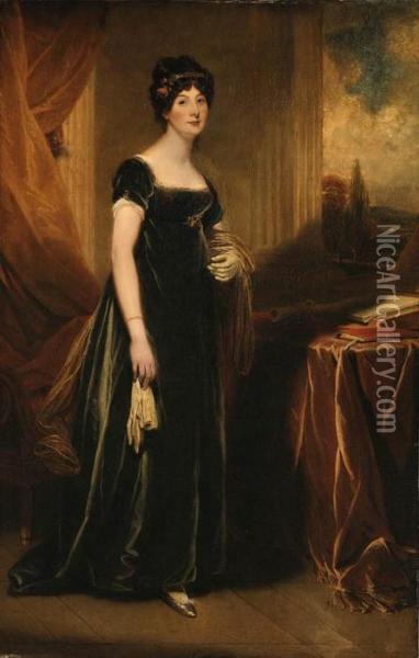 Portrait Of Lady Burdett, Standing Full Length In A Portico, A Landscape Beyond Oil Painting - Martin Archer Shee