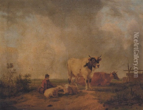 A Drover Resting With Sheep And Cattle In A Meadow Oil Painting - John Simpson