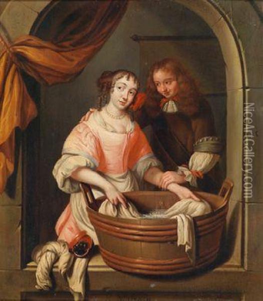 Kavalier Einejunge Wascherin Am Fenster Karessierend Oil Painting - Regnier de La Haye