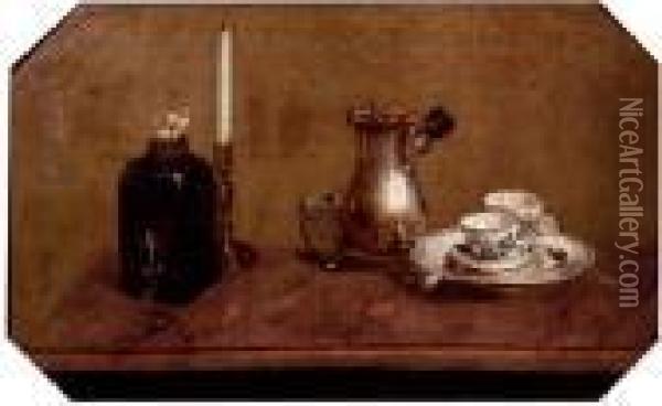 A Silver Coffee Pot, Cups On A Tray, A Bottle And A Candlestick, On A Tabletop Oil Painting - Anne Vallayer-Coster