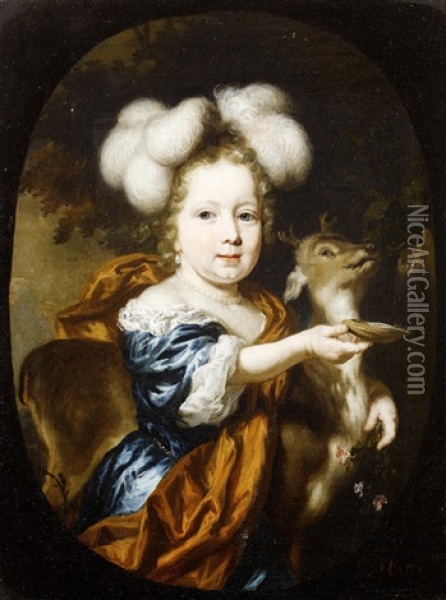 Portrait Of A Young Girl, Three-quarter-length, In A Blue Silk Dress And Russet Shawl, Her Arm Around A Young Deer, Holding A Sprig Of Flowers And A Shell Before A Fountain, Within A Painted Oval Oil Painting - Nicolaes Maes