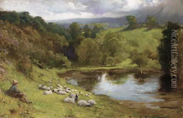 A Shepherd Resting With His Flock By A Lake Oil Painting - Lance Calkin