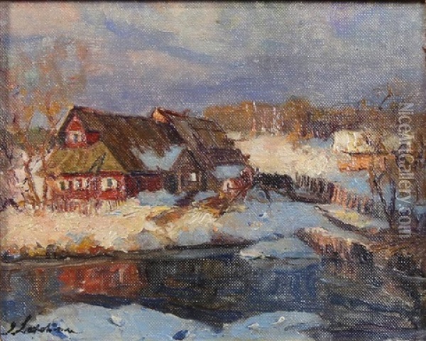 Red House Along A Snowy Waterfront Oil Painting - Georgi Alexandrovich Lapchine