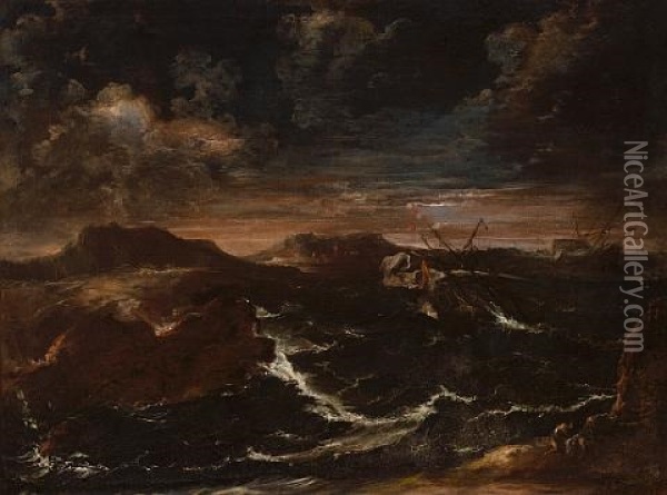 Shipwreck In Stormy Seas With A Town Beyond Oil Painting - Antonio Francesco Peruzzini