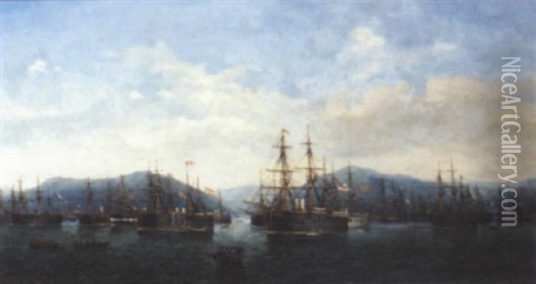 Fleets Of European Ironclads Lying In A Mediterranean Harbour Oil Painting - Josef Karl Berthold Puettner