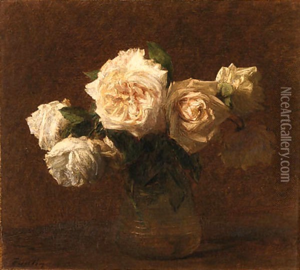 Yellow Pink Roses in a Glass Vase Oil Painting - Ignace Henri Jean Fantin-Latour