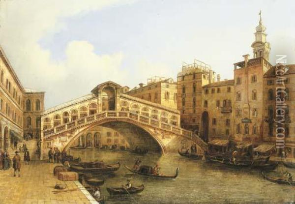 A View Of The Rialto Bridge, Venice Oil Painting - Giuseppe Bernardino Bison