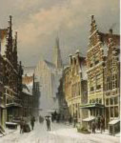 A Snowy View Of The Smedestraat, Haarlem Oil Painting - Eduard Alexander Hilverdink