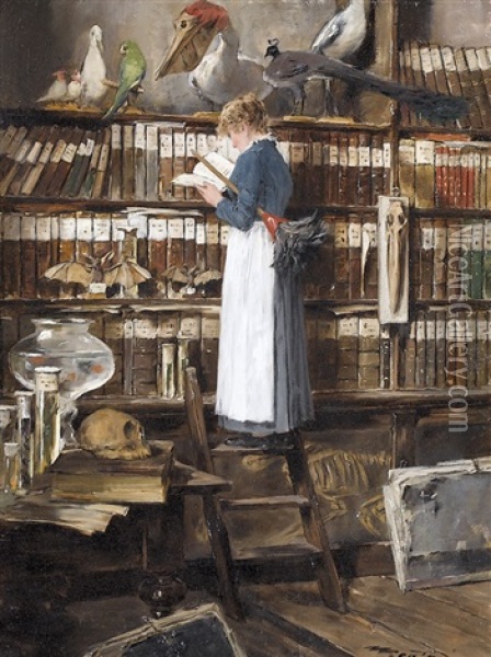 Bibliotheksinterieur Mit Lesender Magd Oil Painting - Edouard (John) Menta