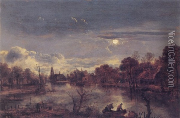 Nocturnal River Landscape Oil Painting - Aert van der Neer