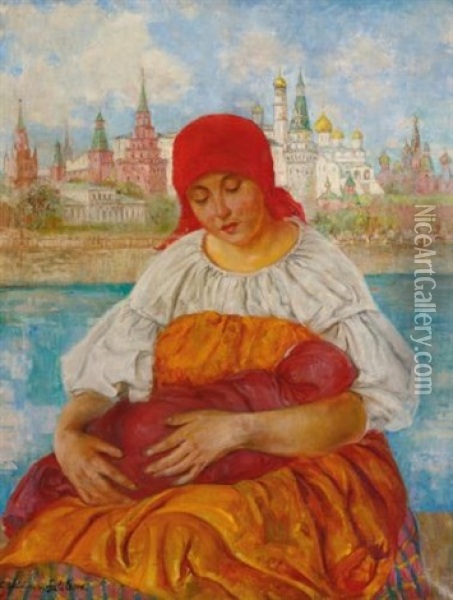 Mother And Child In Front Of Kremlin Oil Painting - Ekaterina Kachura-Falileeva