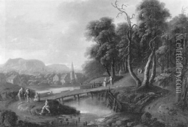 Landschaft Mit Brucke Und Dorf An Einem Fluss Oil Painting - Theobald Michau