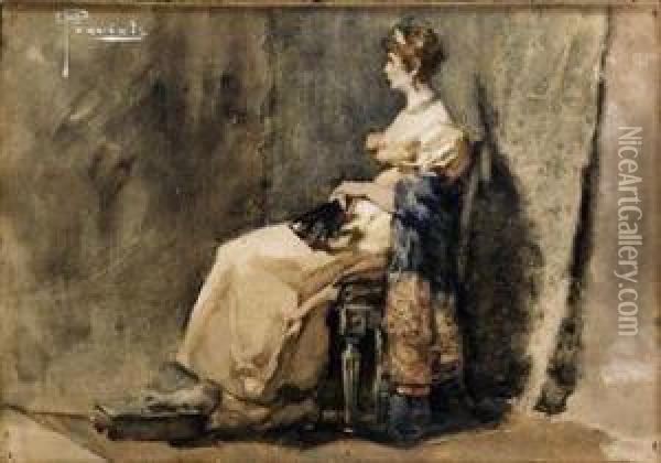Figura Femminile In Abito Impero Oil Painting - Gaetano Previati